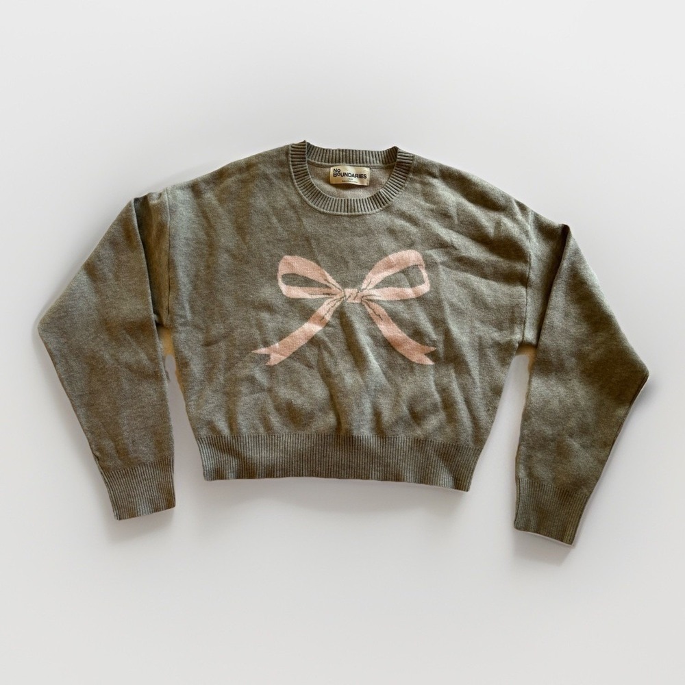 No Boundaries Bow Sweater Womens‎ Large Grey Pink Knit Coquette Balletcore Cozy